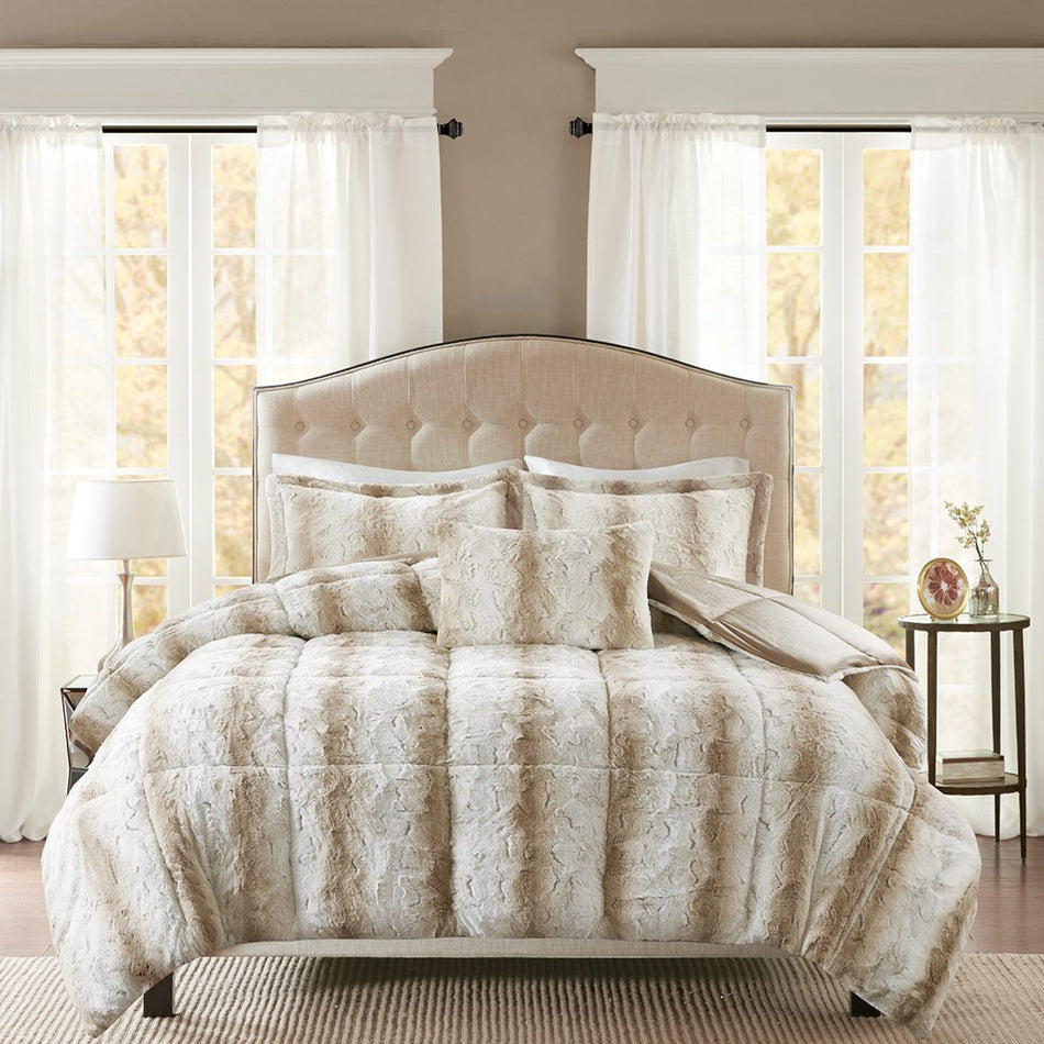 Zuri 4 Piece Faux Fur Comforter Set - Sand - Full Size / Queen Size