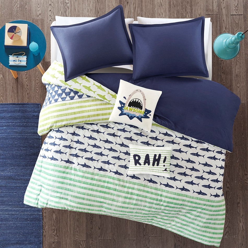 Urban Habitat Kids Finn Shark Cotton Duvet Cover Set - Green / Navy - Full Size / Queen Size