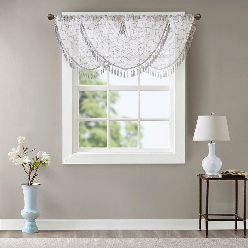 Irina Diamond Sheer Embroidered Waterfall Valance - White / Grey - 38x46"