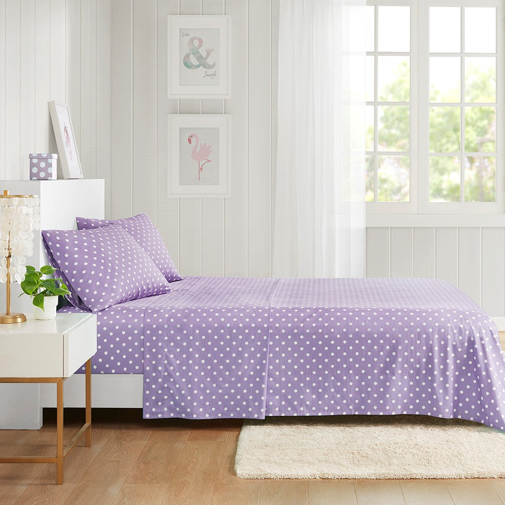 Mi Zone Polka Dot Printed 100% Cotton Sheet Set - Purple - Twin Size