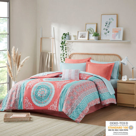 Intelligent Design Loretta Boho Comforter Set with Bed Sheets - Coral - Twin XL Size