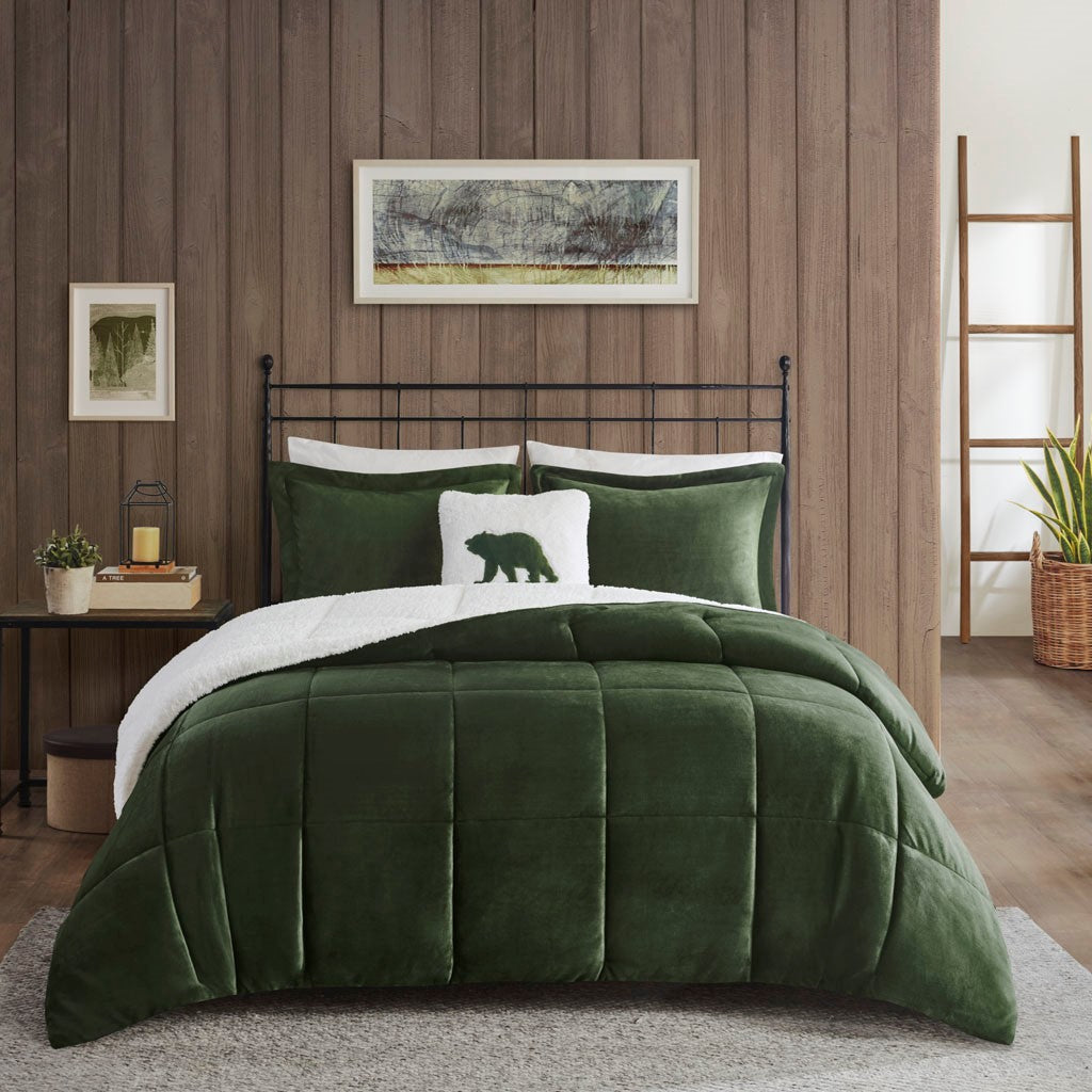 Woolrich Alton Plush to Sherpa Down Alternative Comforter Set - Green / Ivory  - Full Size / Queen Size Shop Online & Save - expresshomedirectr.com