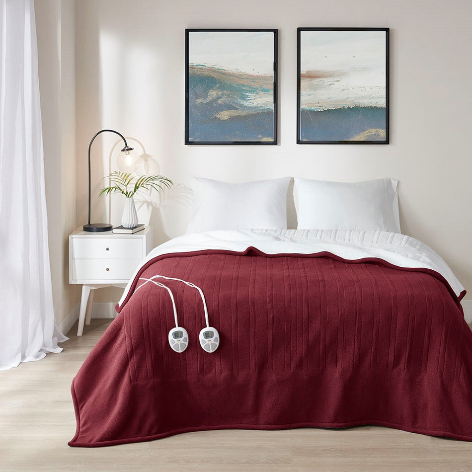 Serta Fleece to Sherpa Heated Blanket - Burgundy - King Size