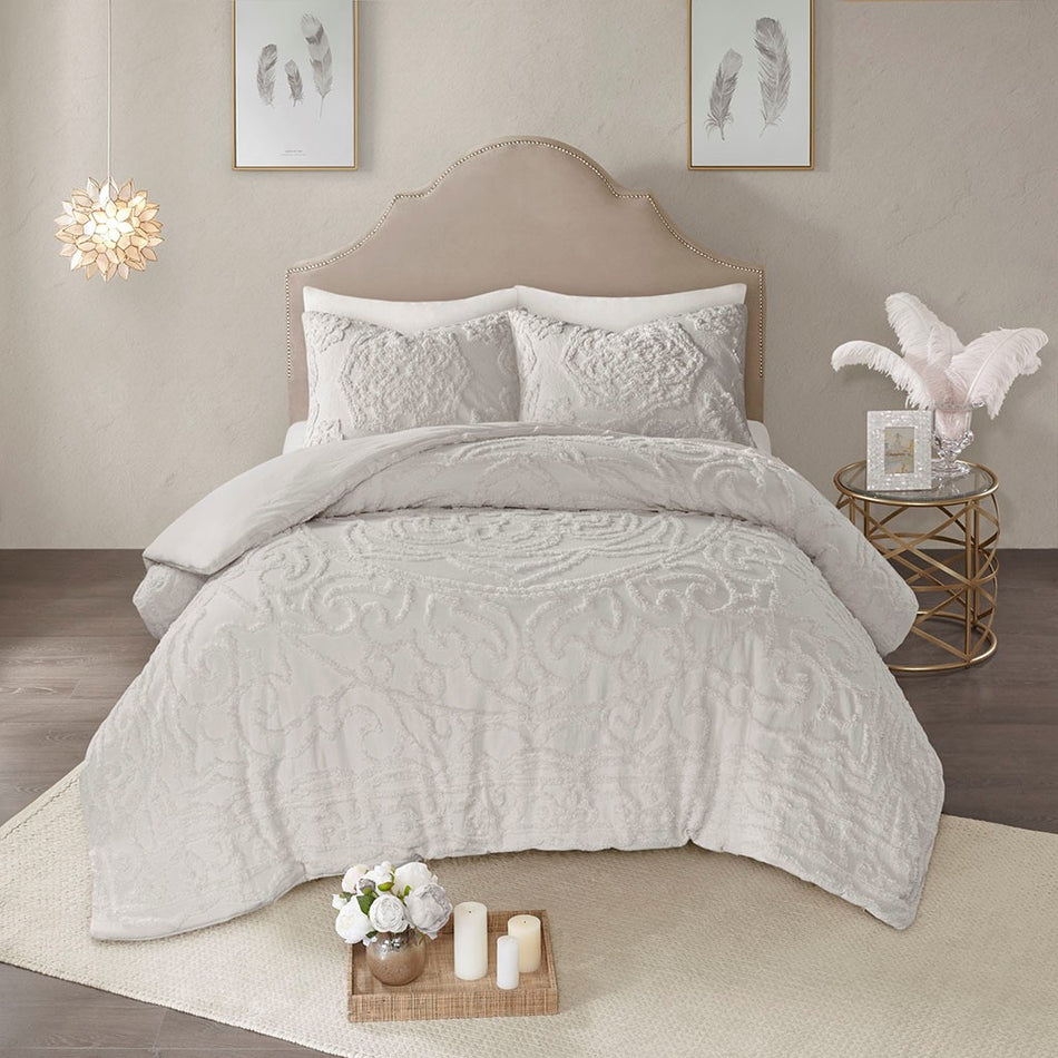 Laetitia 3-Piece Tufted Cotton Chenille Medallion Duvet Cover Set - Grey - Full Size / Queen Size