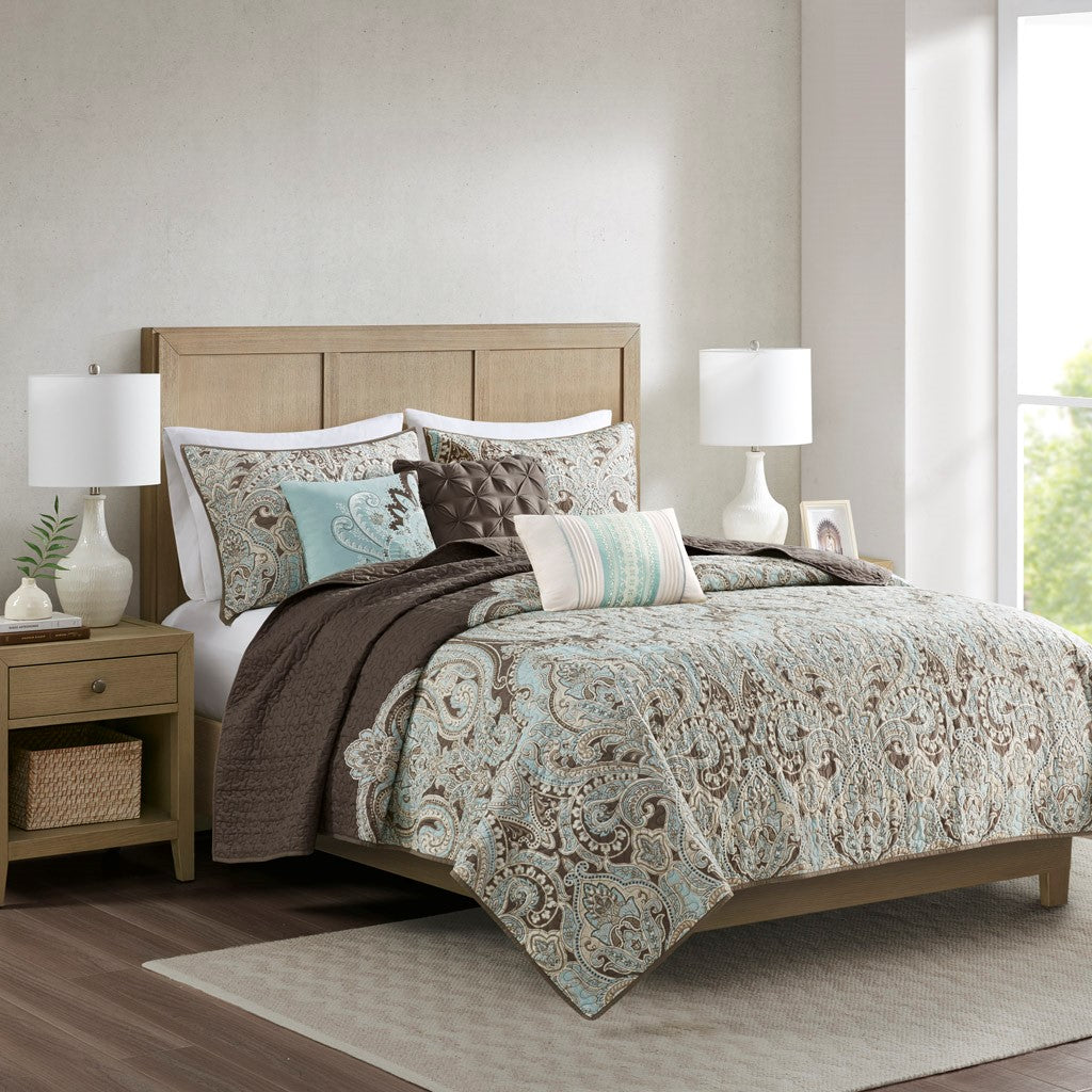 Madison Park Geneva 6 Piece Printed Quilt Set with Throw Pillows - Brown - King Size / Cal King Size