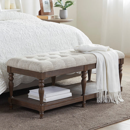 Martha Stewart Highland Tufted Accent Bench with Shelf - Ivory 