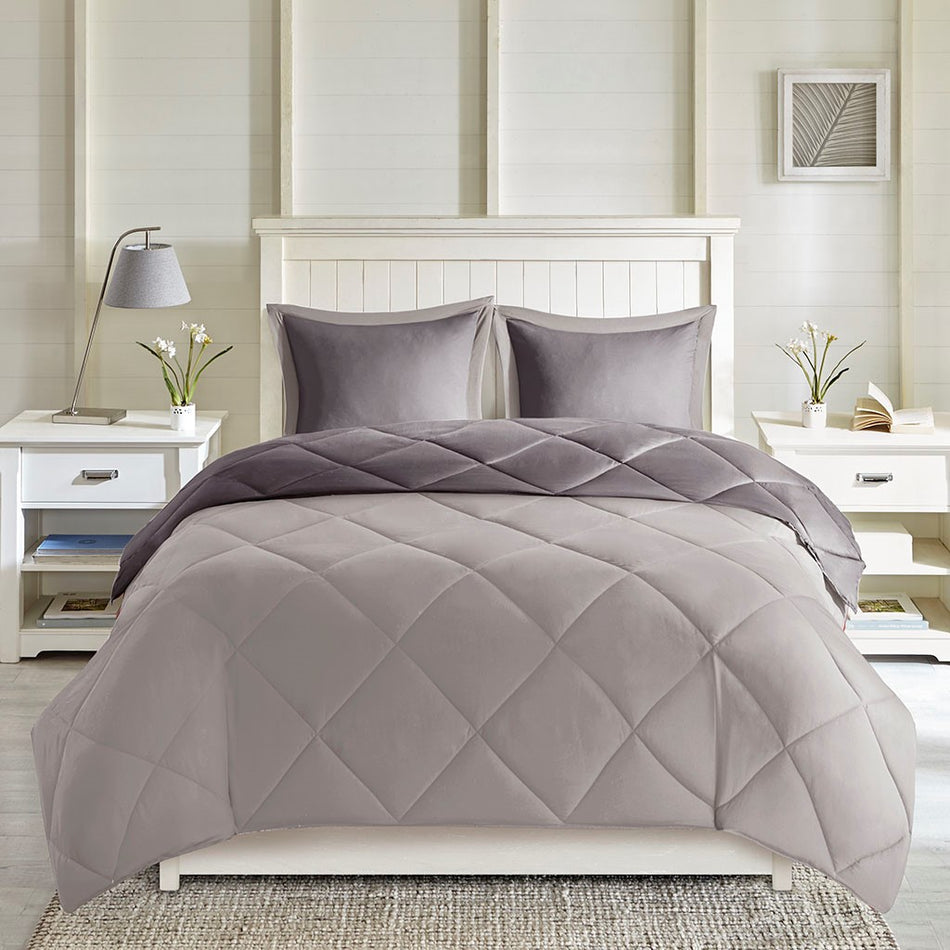 Larkspur 3M Scotchgard Diamond Quilting Reversible Down Alternative Comforter Set - Charcoal / Grey - Full Size / Queen Size