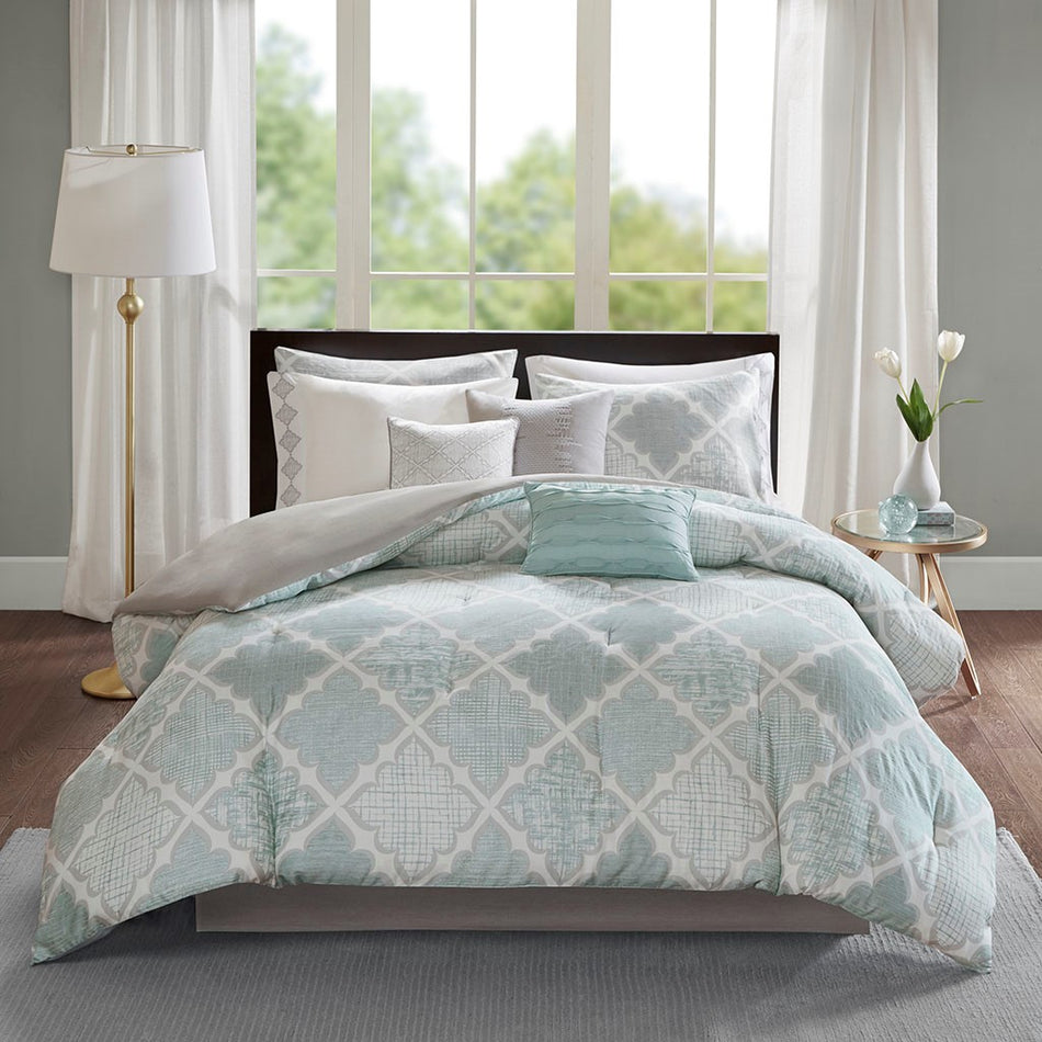 Cadence 9 Piece Cotton Sateen Comforter Set - Aqua - King Size