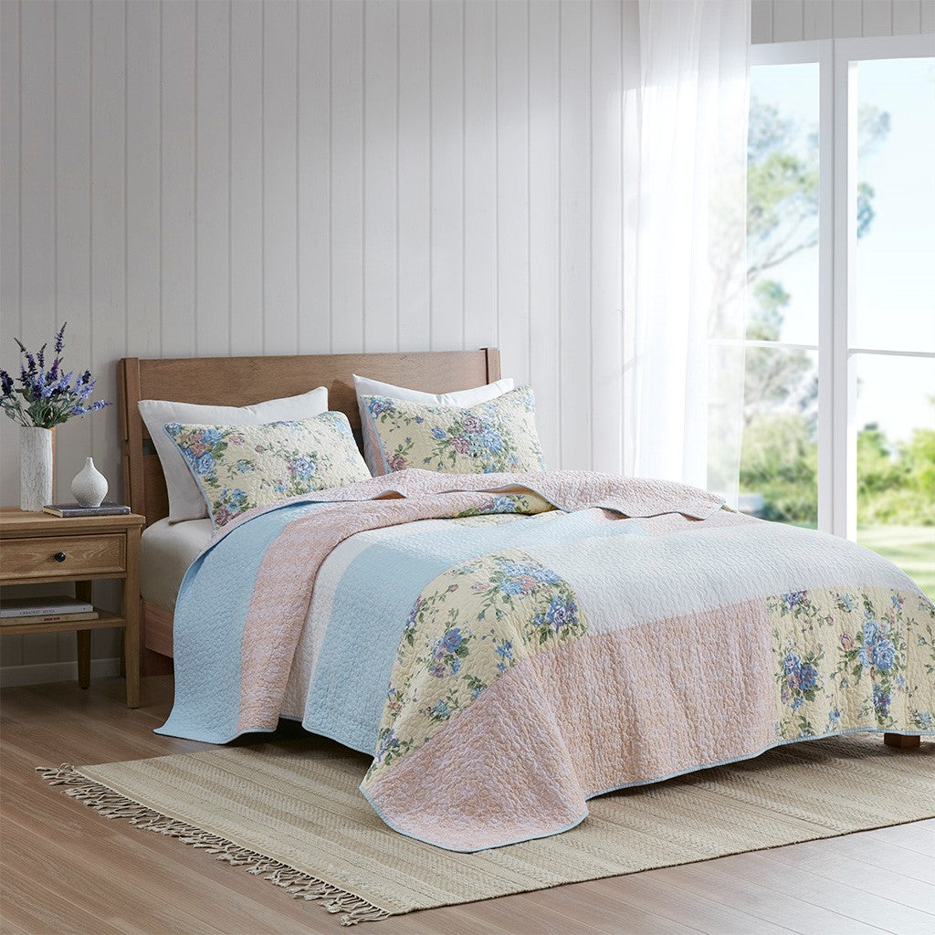 Madison Park Gretchen 3 Piece Reversible Cotton Quilt Set - Blush / Yellow - Full Size / Queen Size