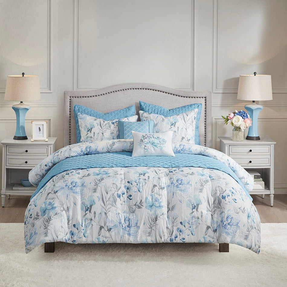 Pema 8 Piece Printed Seersucker Comforter and Coverlet Set Collection - Blue - King Size / Cal King Size