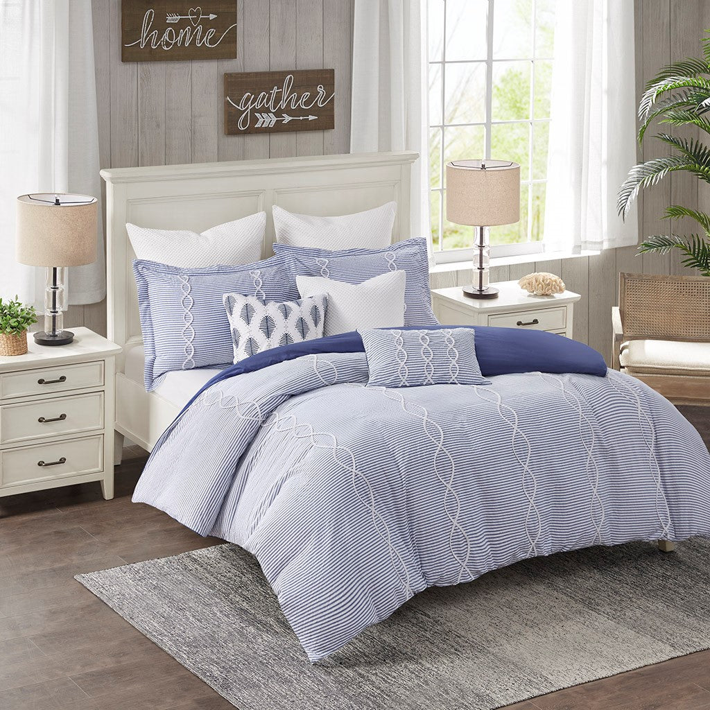 Madison Park Signature Coastal Farmhouse Comforter Queen 8pcs Set - Blue - Queen Size