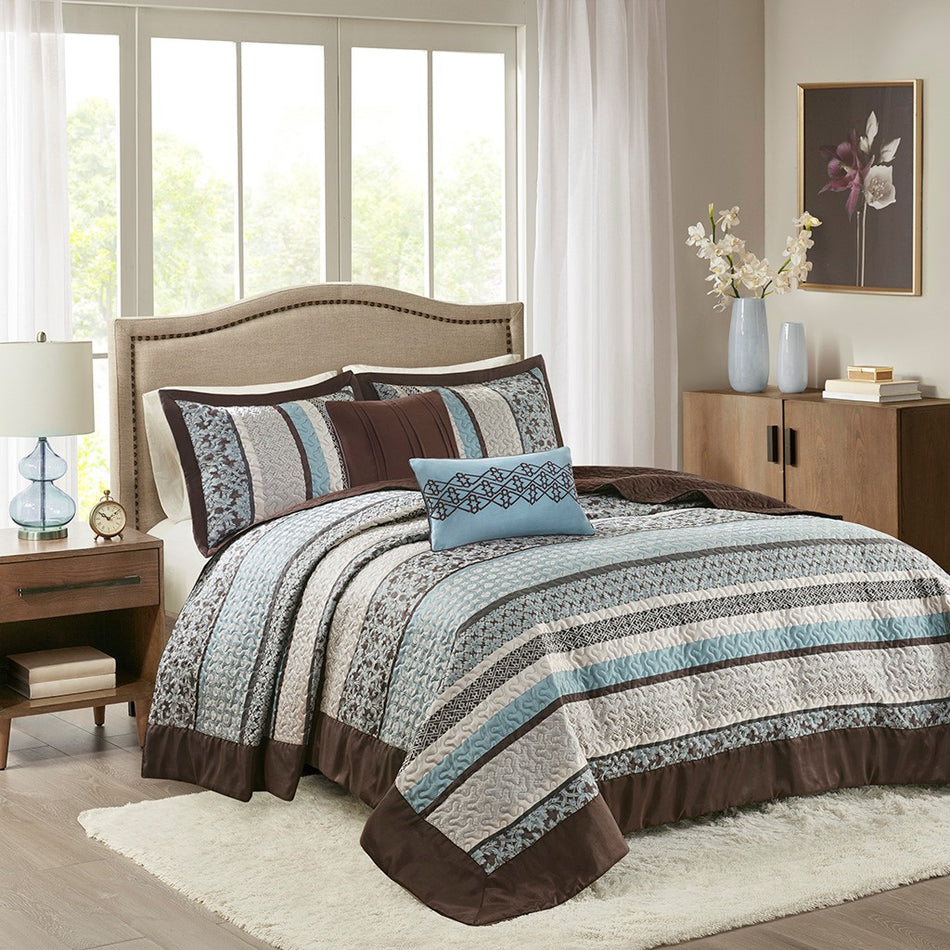 Madison Park Princeton 5 Piece Reversible Jacquard Bedspread Set - Blue - King Size