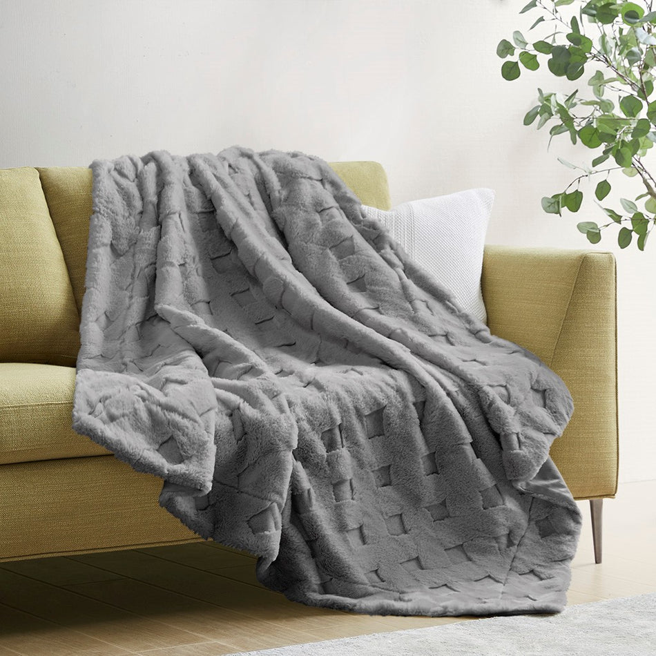 Madison Park Claire Luxury Basketweave Faux Fur Throw - Grey - 50x60"