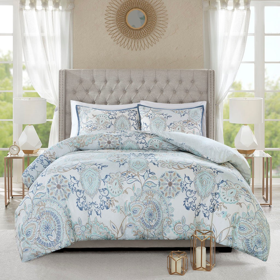 Isla 3 Piece Cotton Floral Printed Reversible Duvet Cover Set - Blue - Full Size / Queen Size