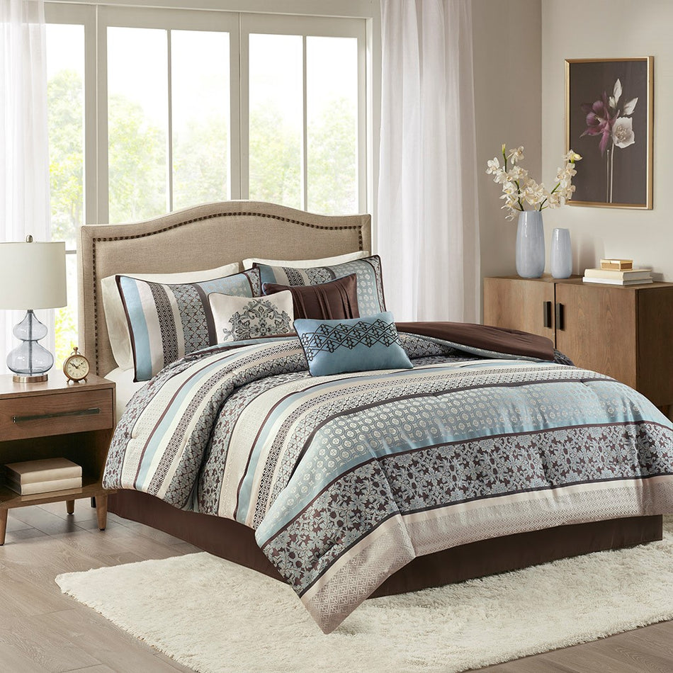 Madison Park Princeton 7 Piece Comforter Set - Blue - Cal King Size