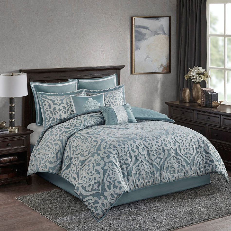 Madison Park Odette 8 Piece Jacquard Comforter Set - Aqua - Cal King Size