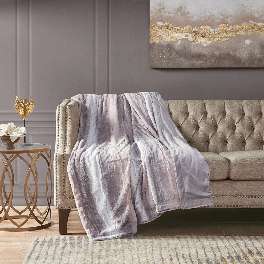 Madison Park Zuri Oversized Faux Fur Throw - Blush / Grey - 60x70"