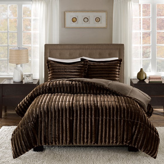 Duke Faux Fur Comforter Mini Set - Chocolate - King Size / Cal King Size