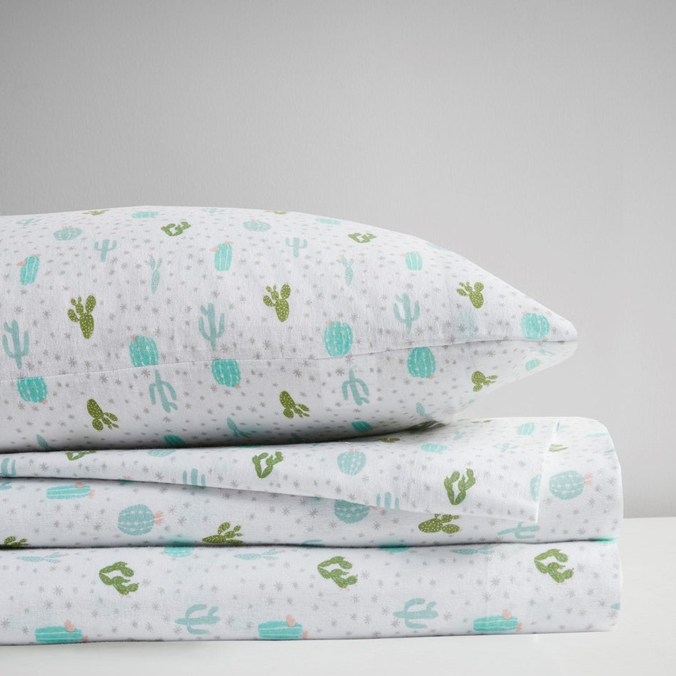 Cozy Soft Cotton Flannel Printed Sheet Set - Green Cactus - Twin Size