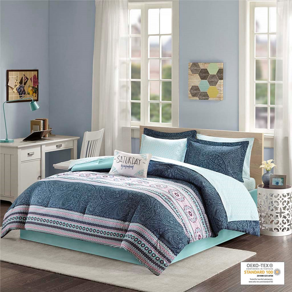 Intelligent Design Gemma Boho Comforter Set with Bed Sheets - Blue - Queen Size