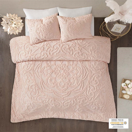 Madison Park Laetitia 3-Piece Tufted Cotton Chenille Medallion Duvet Cover Set - Blush - Full Size / Queen Size