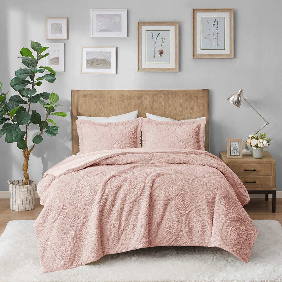 Arya Embroidered Medallion Faux Fur Ultra Plush Comforter Mini Set - Blush - Full Size / Queen Size