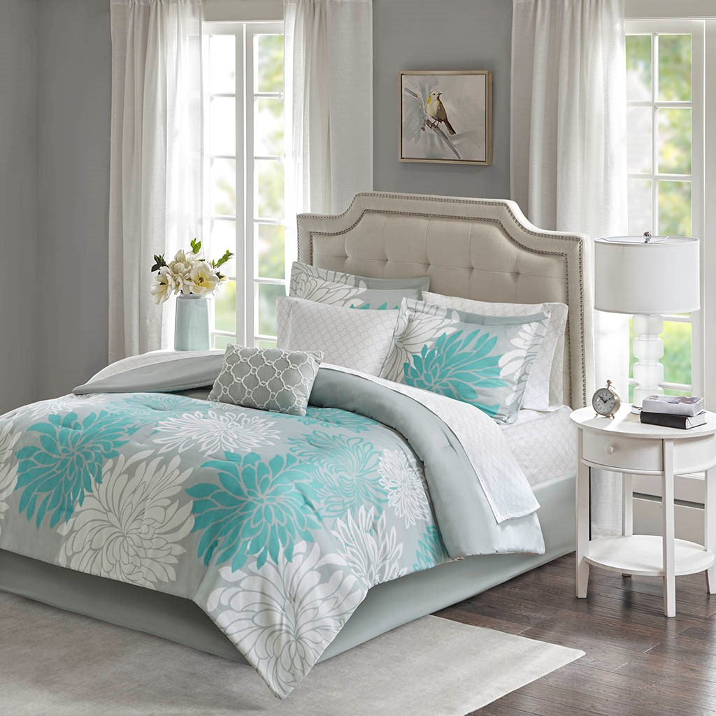 Madison Park Essentials Maible 9 Piece Comforter Set with Cotton Bed Sheets - Aqua - Queen Size