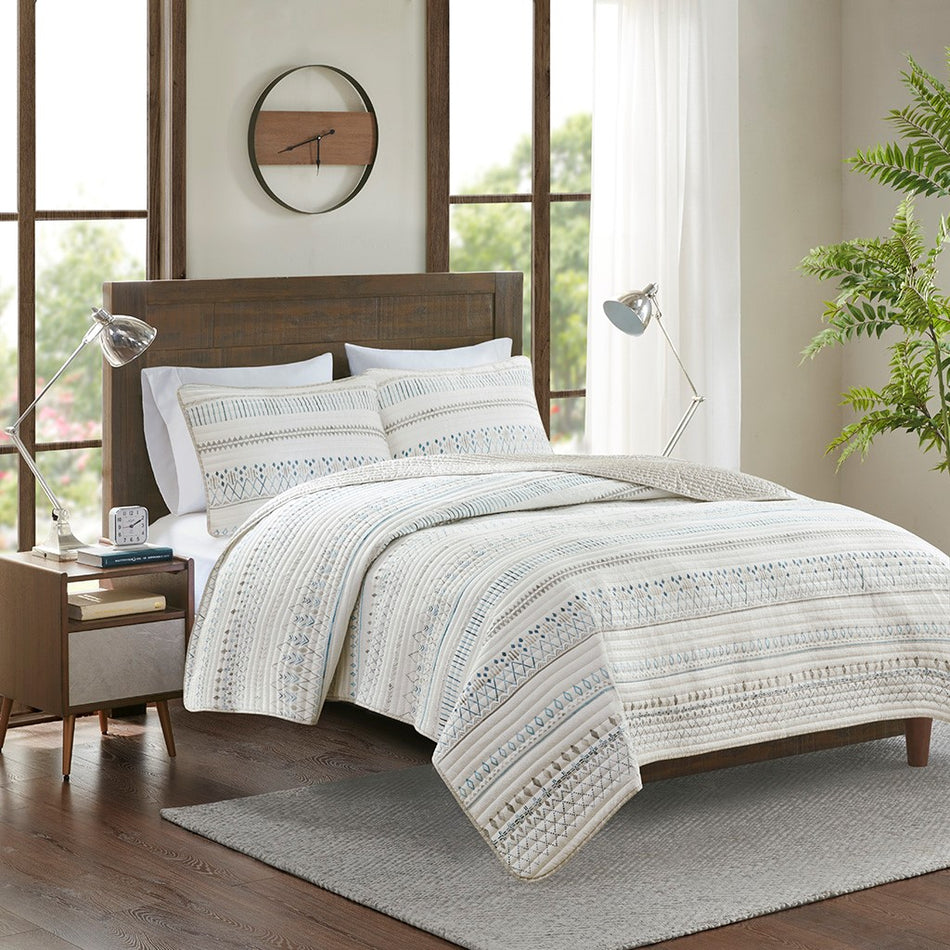 Madison Park Fraser 3 Piece Printed Microfiber Seersucker Quilt Set - Taupe Multi - King Size / Cal King Size