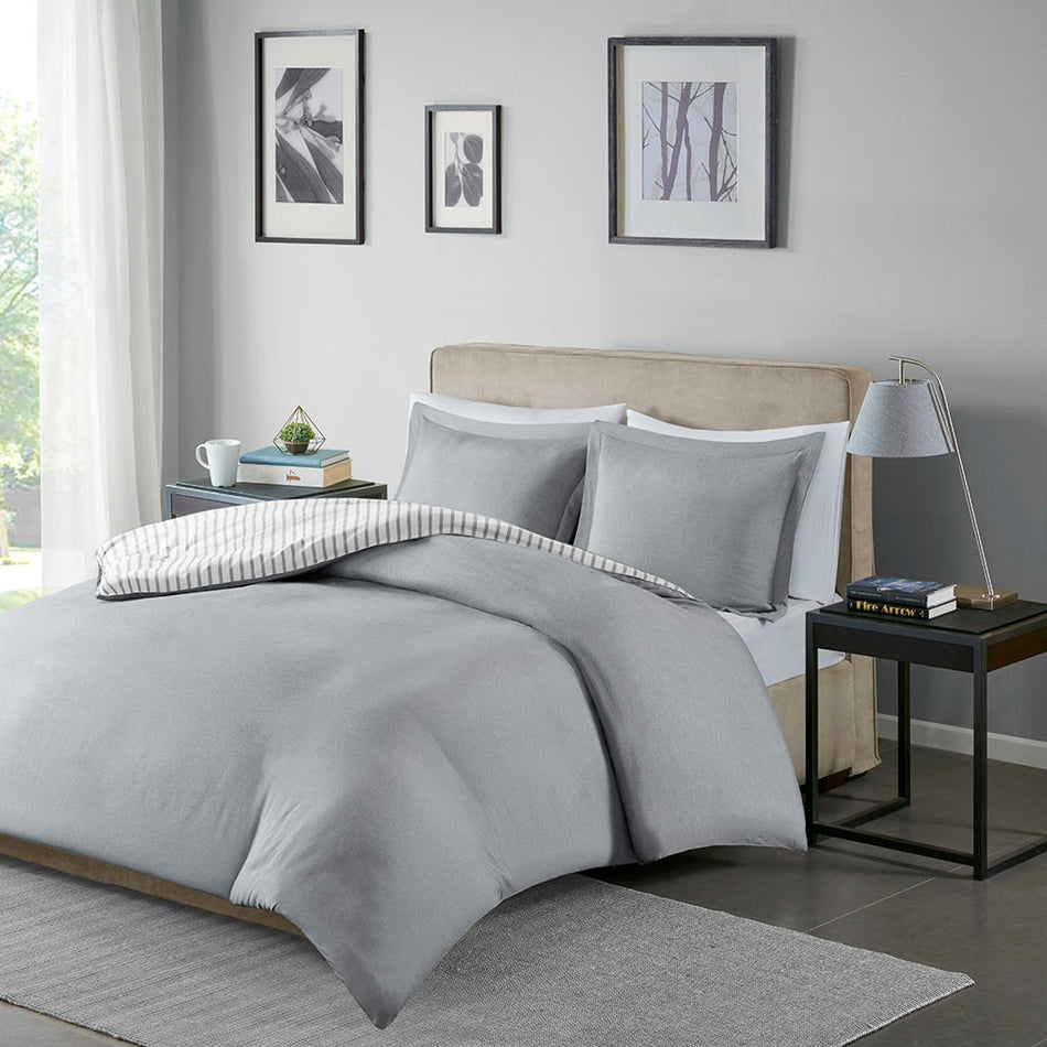 Hayden Reversible Yarn Dyed Stripe Duvet Cover Set - Grey - Twin Size