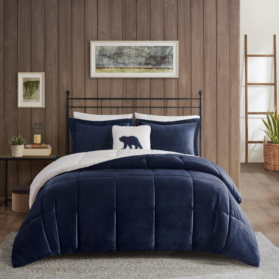 Alton Plush to Sherpa Down Alternative Comforter Set - Navy / Ivory - King Size