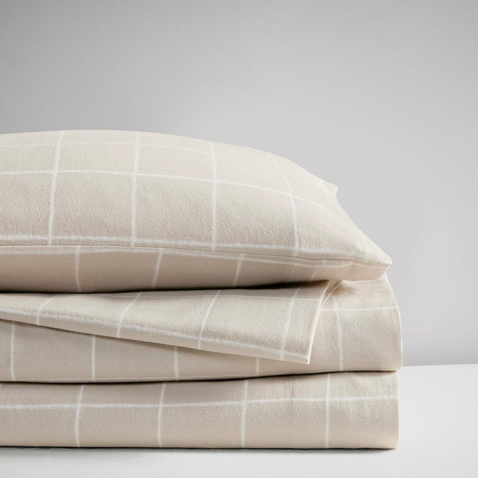 Oversized Cotton Flannel 4 Piece Sheet Set - Beige Windowpane - Queen Size