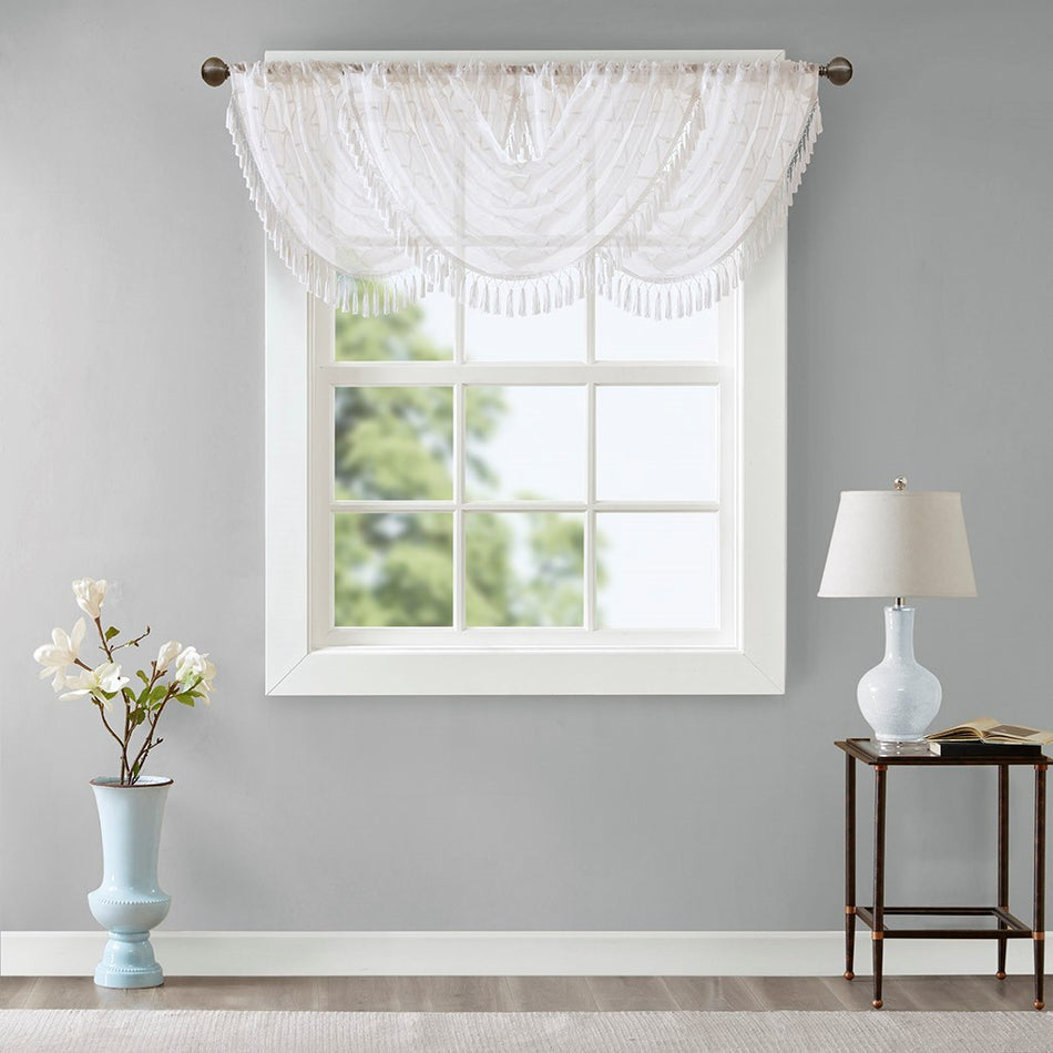 Irina Diamond Sheer Embroidered Waterfall Valance - White - 38x46"