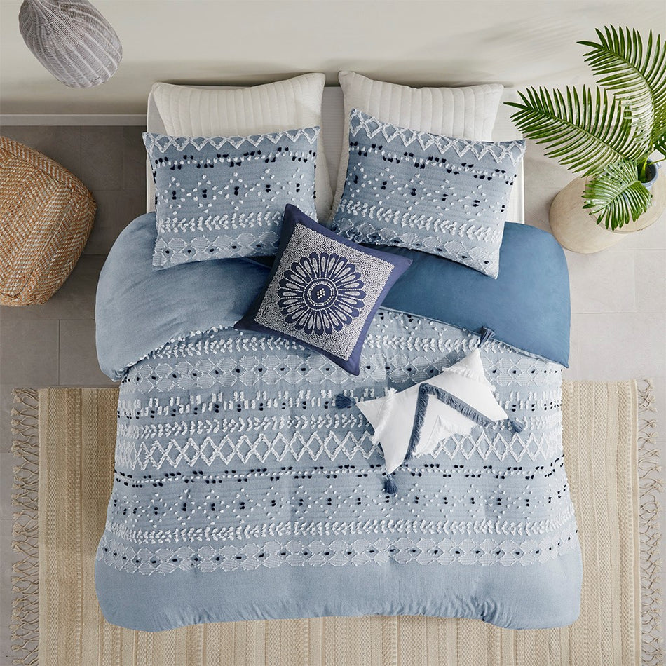 Dora Organic Cotton Chambray 3 Piece Duvet Cover Set - Blue - Full Size / Queen Size