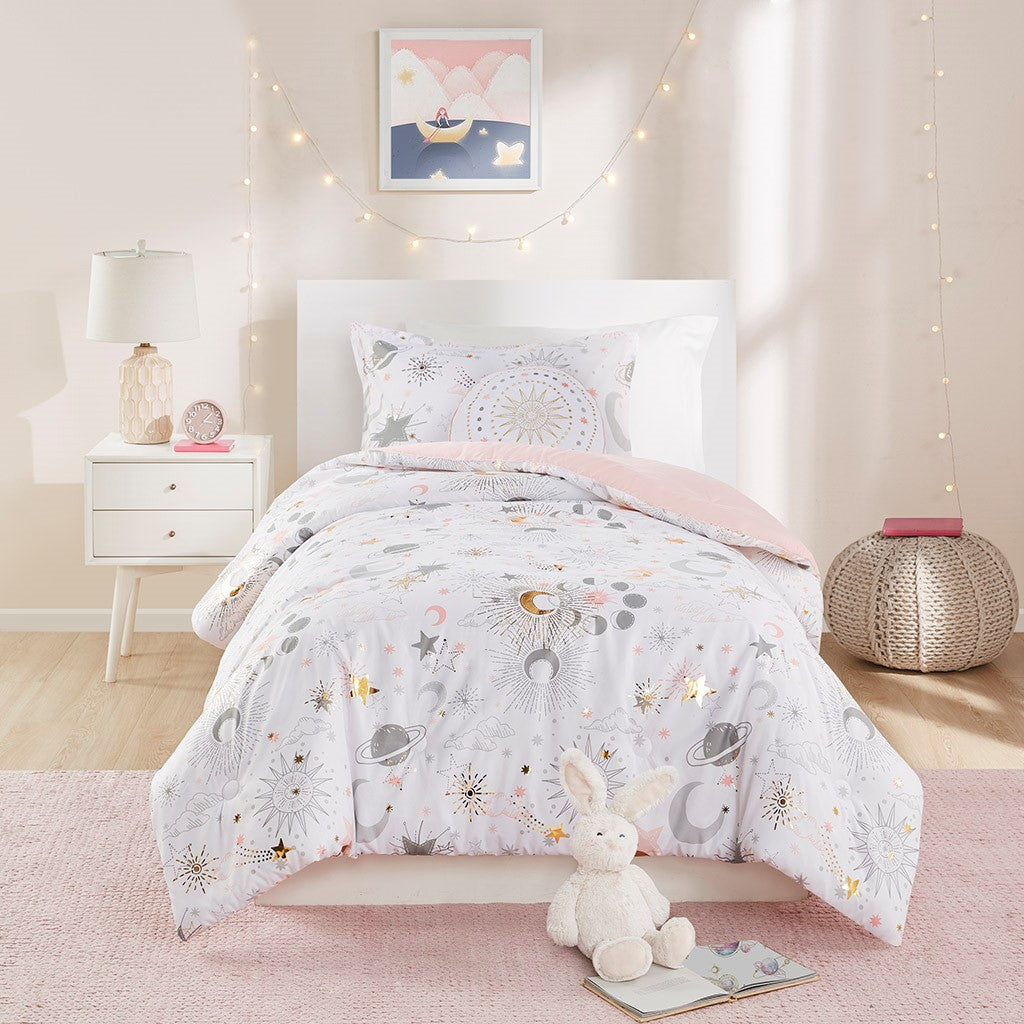 Mi Zone Kids Celia Starry Sky Metallic Printed Comforter Set - Blush / Gold  - Twin Size Shop Online & Save - expresshomedirectr.com