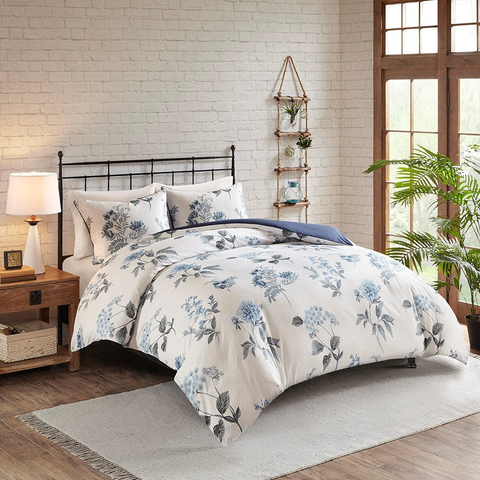 Zennia 3 Piece Printed Seersucker Duvet Cover Set - Blue - King Size / Cal King Size