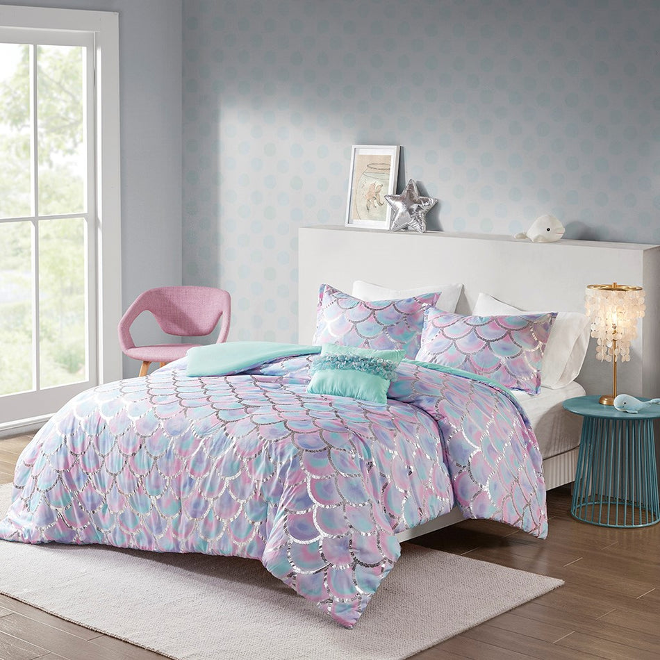 Mi Zone Pearl Metallic Printed Reversible Duvet Cover Set - Aqua / Purple - Full Size / Queen Size