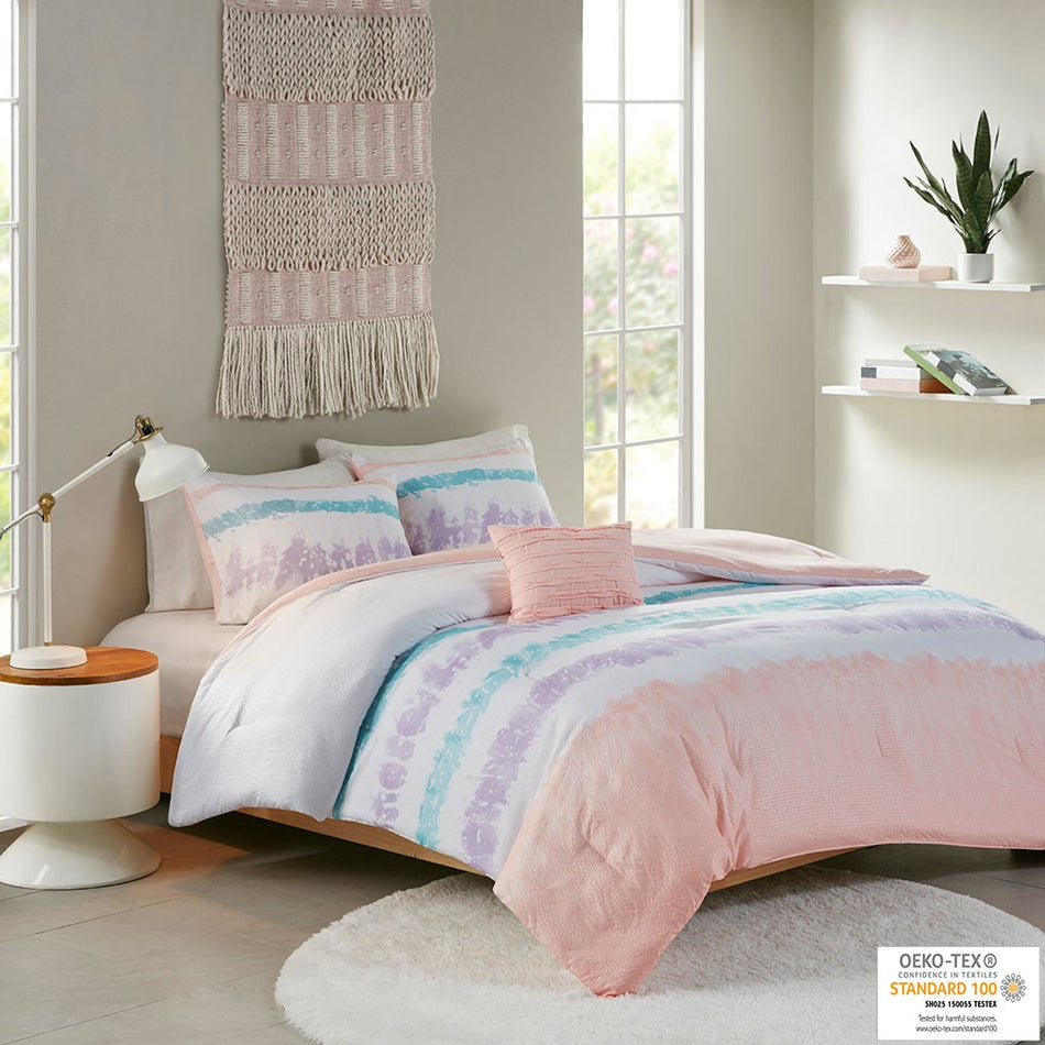 Intelligent Design Loriann Tie Dye Printed Seersucker Comforter Set - Pink / Purple - Full Size / Queen Size