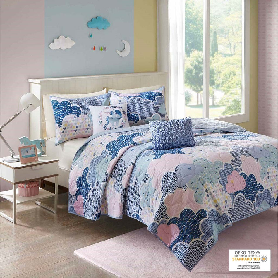 Urban Habitat Kids Cloud Reversible Cotton Quilt Set with Throw Pillows - Blue - Full Size / Queen Size