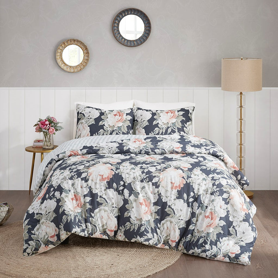 Mavis 3 Piece Cotton Printed Reversible Duvet Cover Set - Dark Blue - Full Size / Queen Size