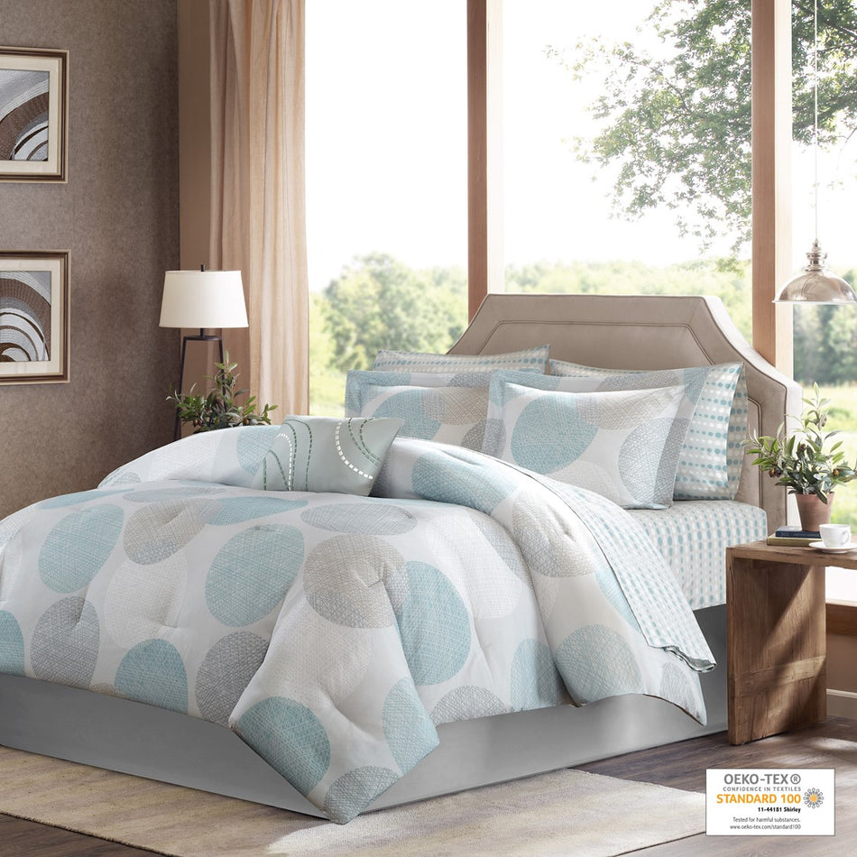 Knowles 9 Piece Comforter Set with Cotton Bed Sheets - Aqua - Cal King Size