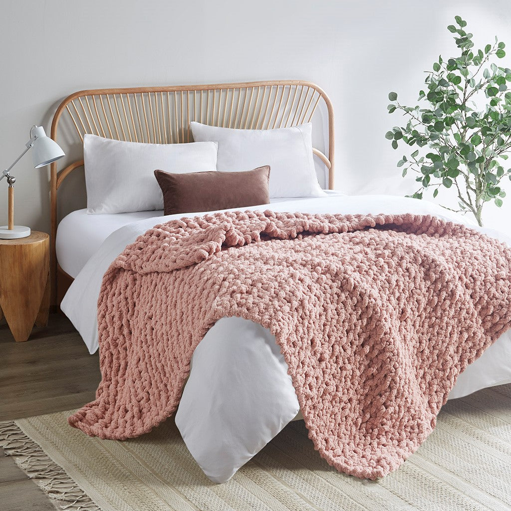 Madison Park Chenille Chunky Knit Throw - Blush - 50x60"