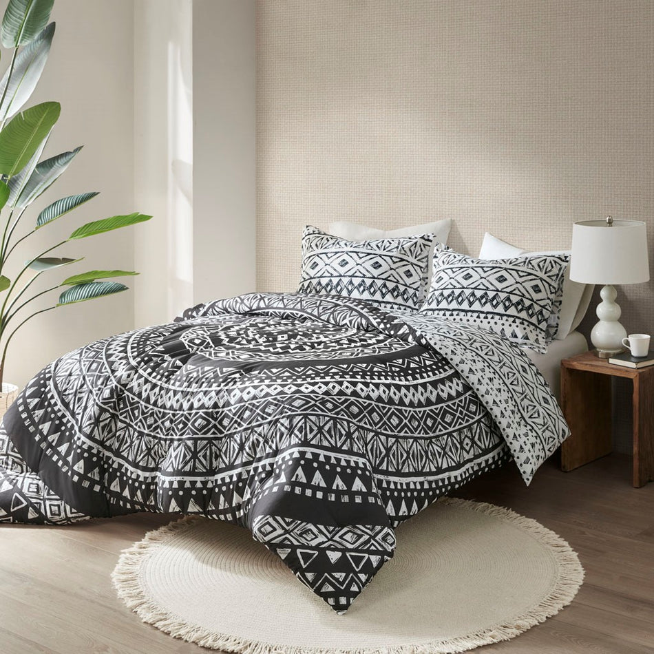 Allyson 3 Piece Cotton Comforter Mini Set - Black - Full Size / Queen Size