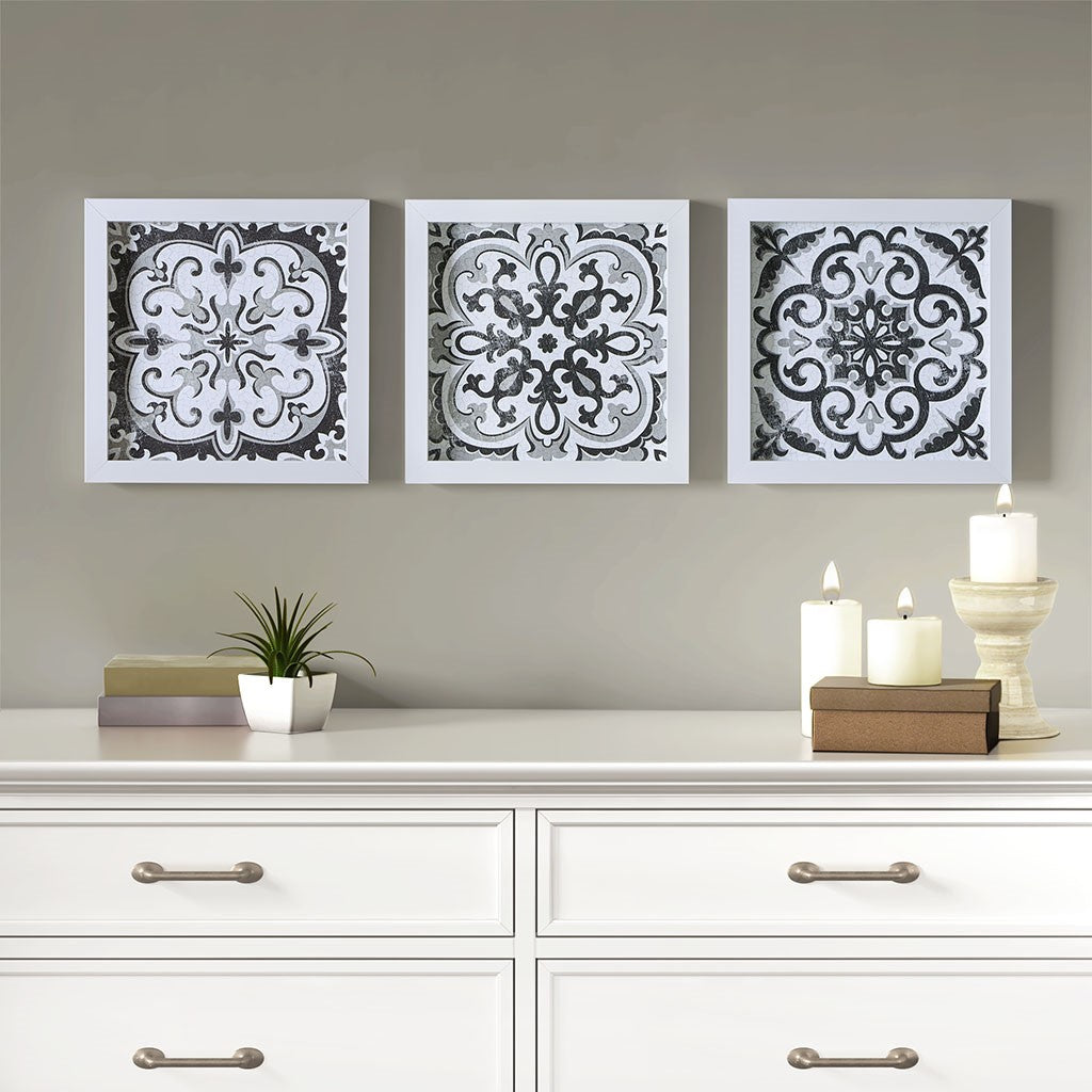 Madison Park Montage Printed Distressed Tile Pattern Deco Box Wall Art 3 Piece 13.75x13.75" Set - Black / White 