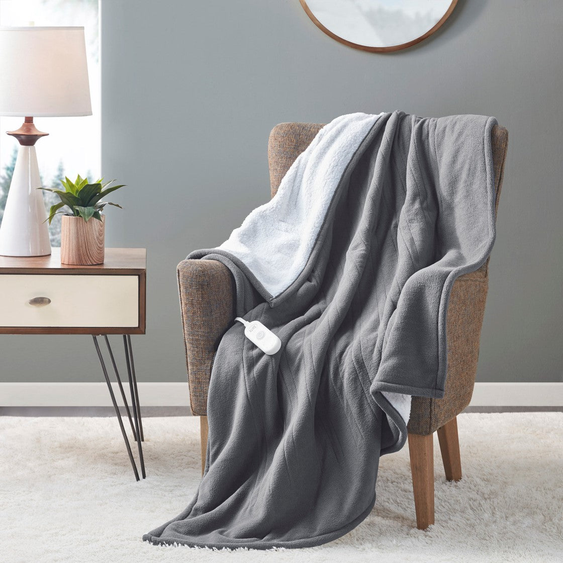 Serta Fleece to Sherpa Heated Throw - Dark Grey - 50x60"