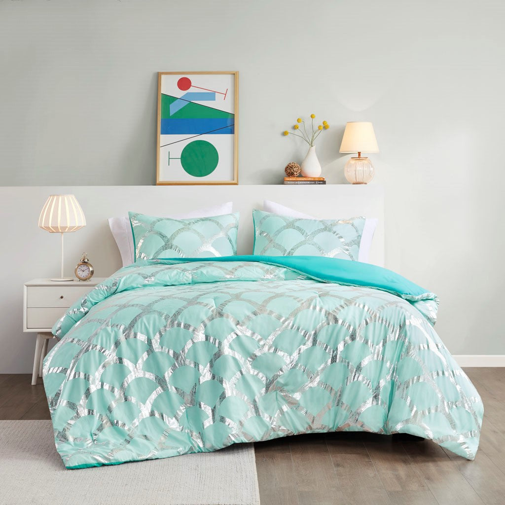 Intelligent Design  Lorna Metallic Printed Comforter and Sham Set - Aqua  - Full Size / Queen Size Shop Online & Save - expresshomedirectr.com