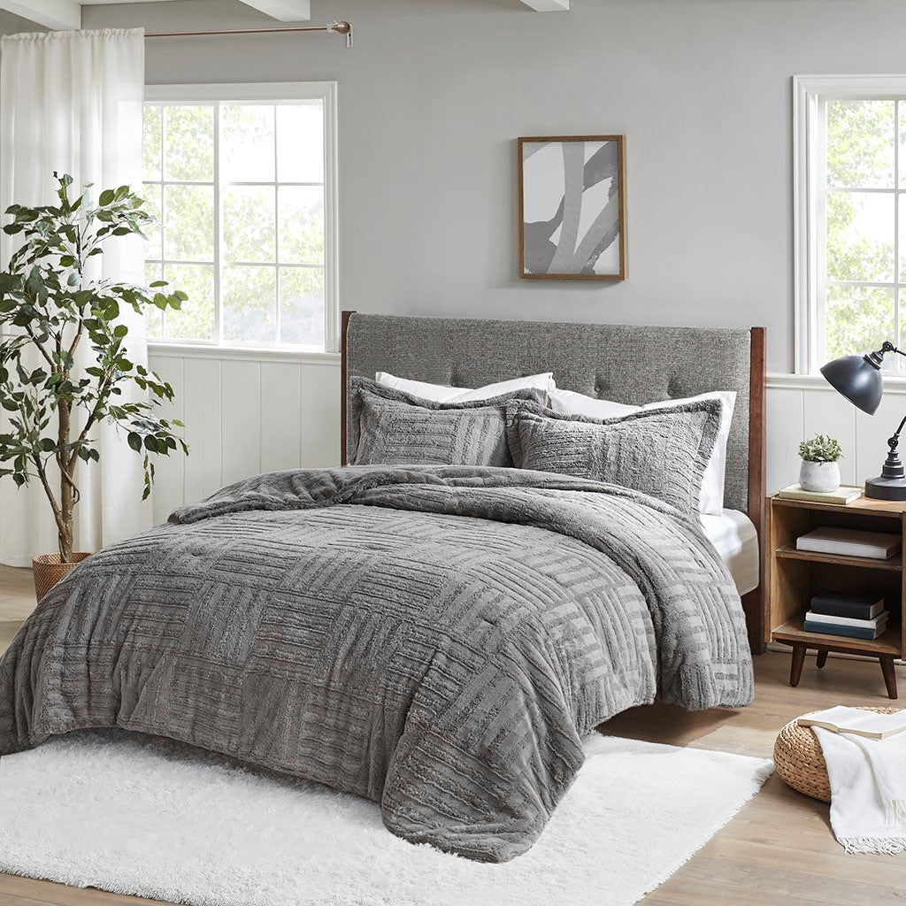 Madison Park Arctic Fur Down Alternative Comforter Mini Set - Grey - King Size / Cal King Size