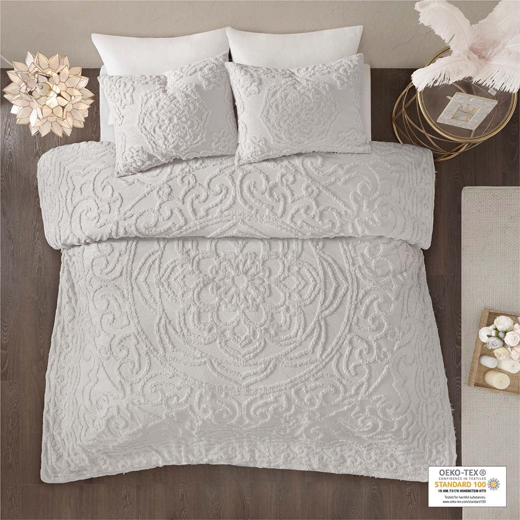 Madison Park Laetitia 3-Piece Tufted Cotton Chenille Medallion Duvet Cover Set - Grey - King Size / Cal King Size