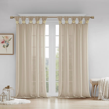 Madison Park Rosette Floral Embellished Cuff Tab Top Solid Window Panel - Linen - 50x63"