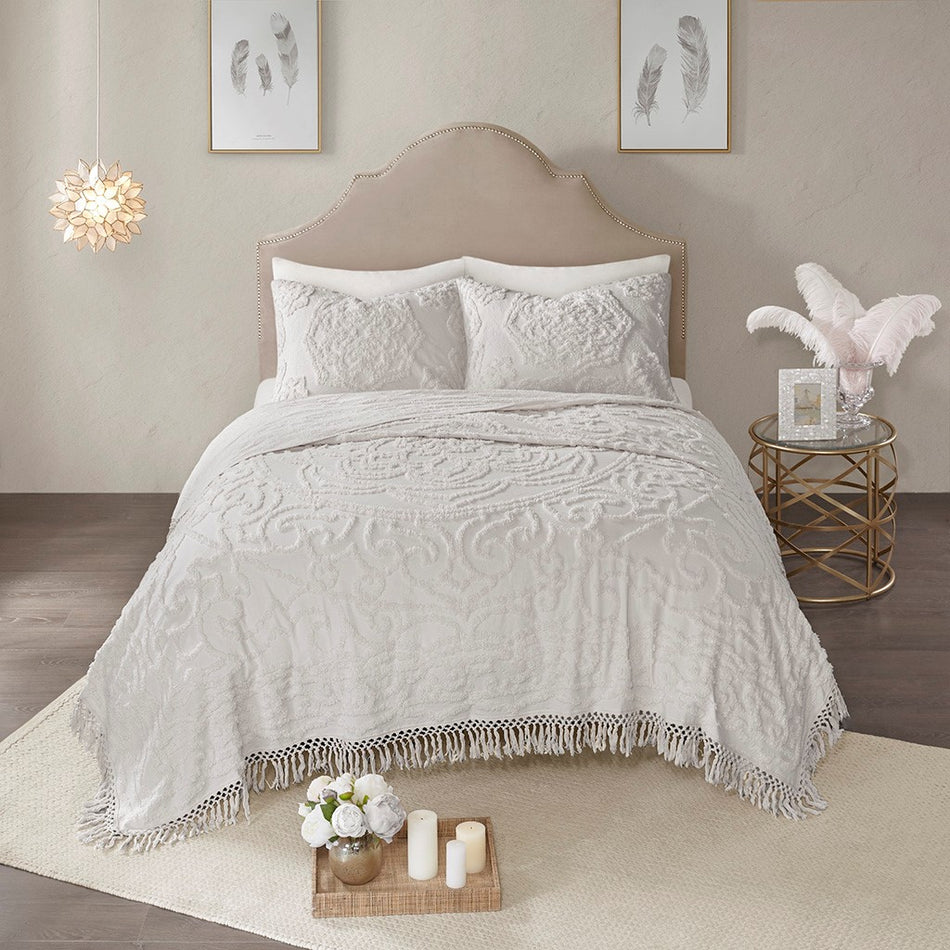 Laetitia Tufted Cotton Chenille Medallion Fringe Coverlet Mini Set - Grey - Full Size / Queen Size