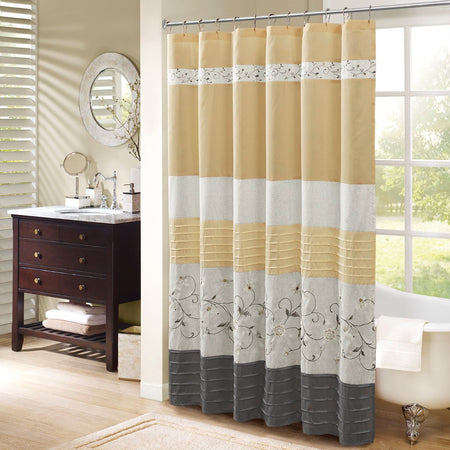 Madison Park Serene Faux Silk Embroidered Floral Shower Curtain - Yellow - 72x72"